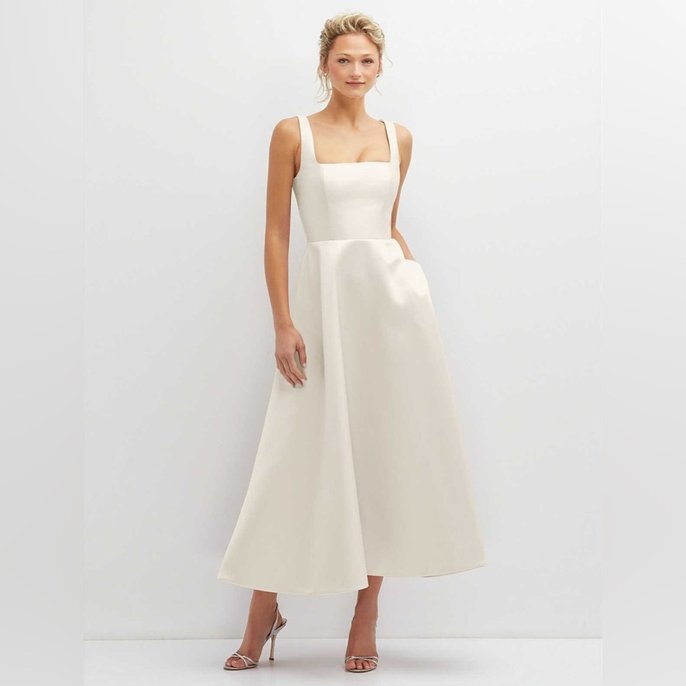 NWT - DESSY COLLECTION - IVORY SQUARE NECK SATIN MIDI DRESS FULL SKIRT & POCKETS